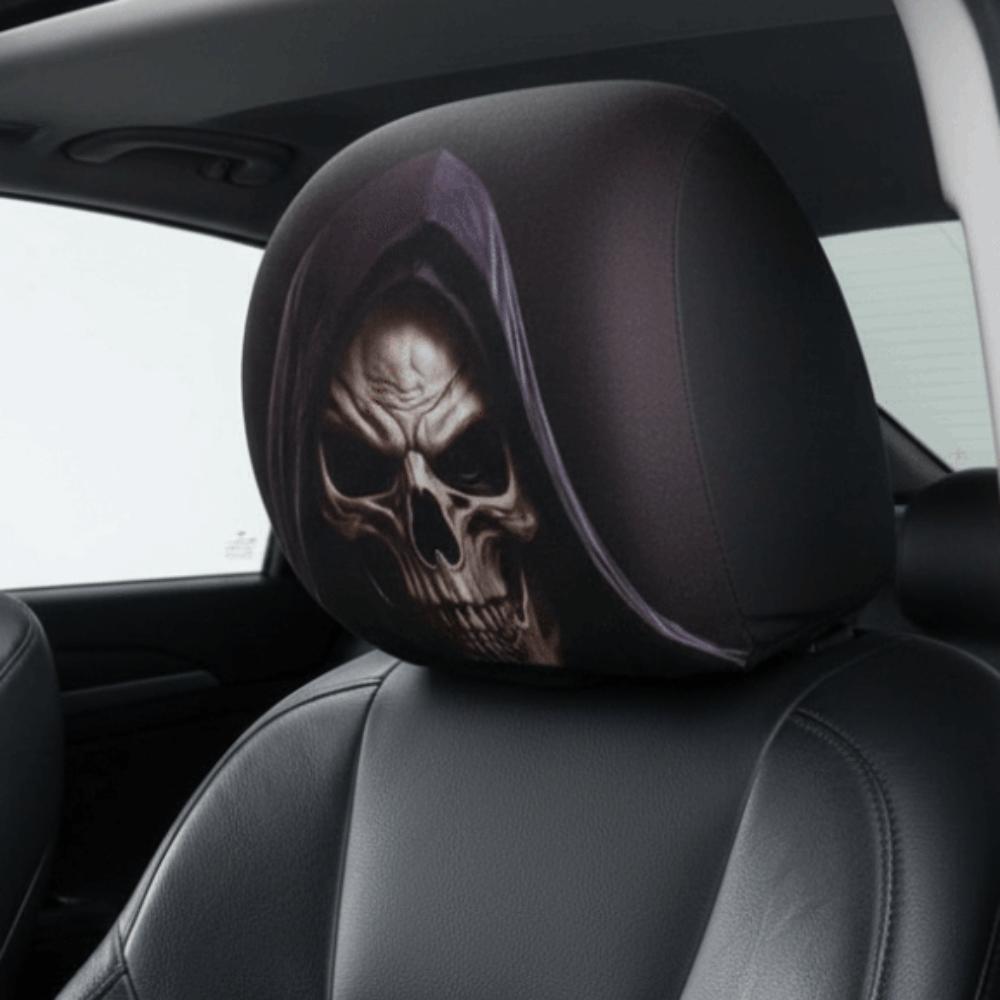 1pair Universal Fit Skull Headrest Cover Vivid Flat Print Gothic Seat Protector Daily Commute
