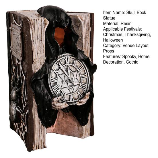 Halloween Skull Book Statue Spooky Resin Skull Spider Web Book Figurine with Grim Reaper Gothic Home Tabletop Decor