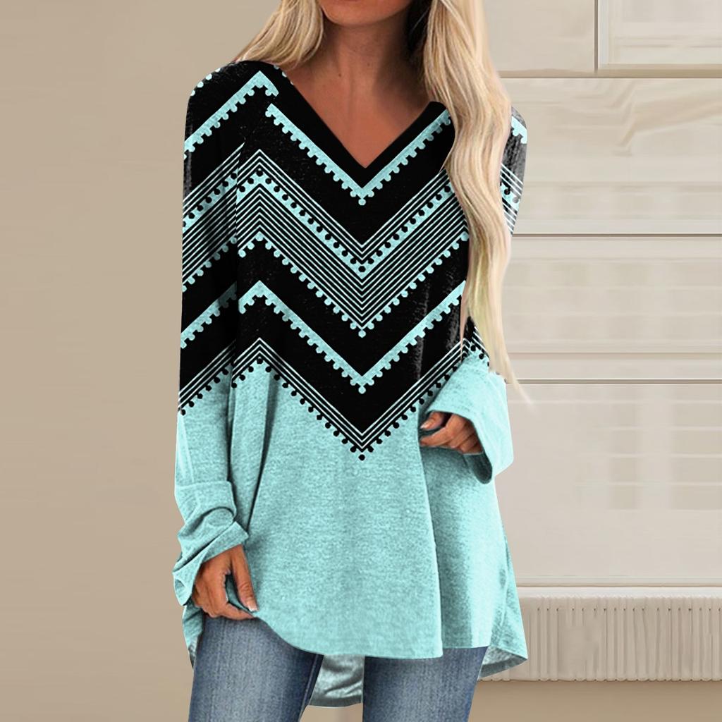 Women's Long Sleeved V-neck Color Casual Long Loose T-shirt Top