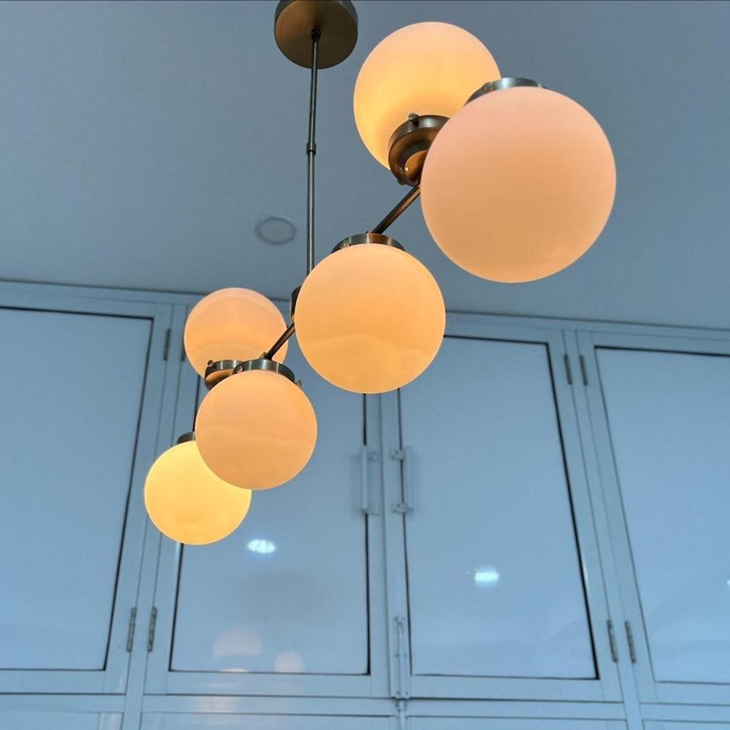 Modern 6 Light Mid Century Home Drawing Room Lobby & Dinning Table Lights Home Décor Frosted Glass Globe Linear Chandeliers