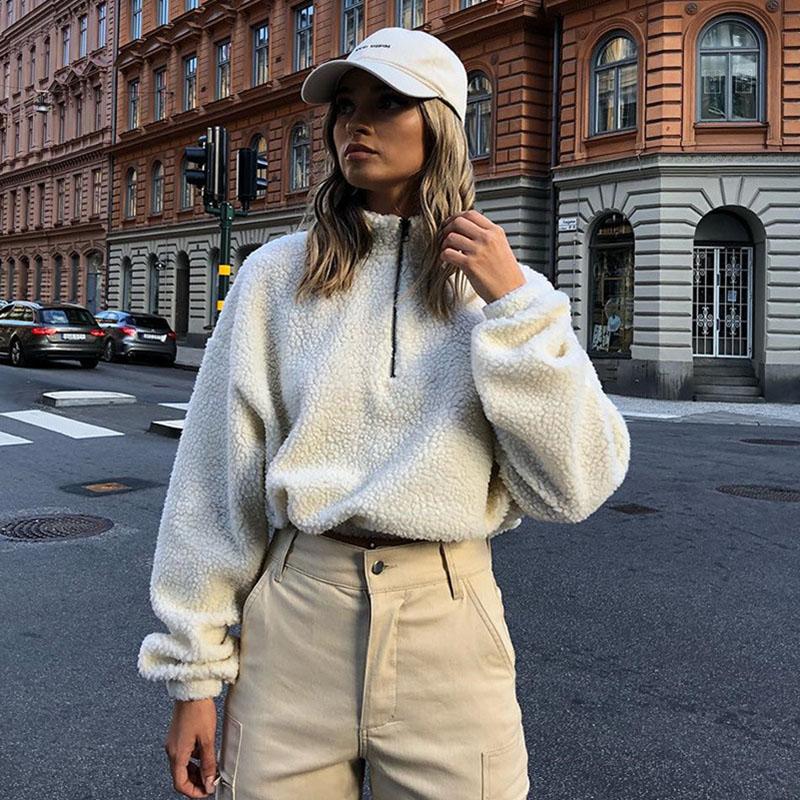 White Lamb Cashmere Short Pullover Woman Autumn New Plush Sweatshirts Ladies Streetwear Zipper Y2K Crop Tops
