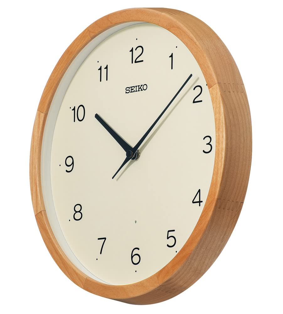 Seiko Clock KX272B Analog Wall Clock with Light Brown Wood 300mm x 48mm Diameter Radio-Controlled Frame,
