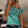 Women Leopard Print Stitching Print Cold Shoulder Short Sleeve T Shirt Irregular Cutout Neck Casual Summer Blouse Top
