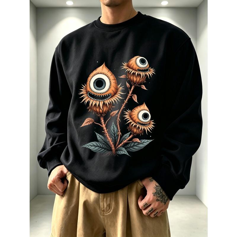 Men'S Graphic Print Crew Neck Sweatshirt, Vintage Botanical Streetwear Pattern, Loose Fit Cut, Comfortable Everyday Streetwear, Casual Outdoor Apparel
