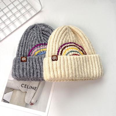 Warm and Ear Protecting Woolen Hat New Creative Rainbow Pullover Hat Large Head Circumference Face Showing Small Knitted Hat