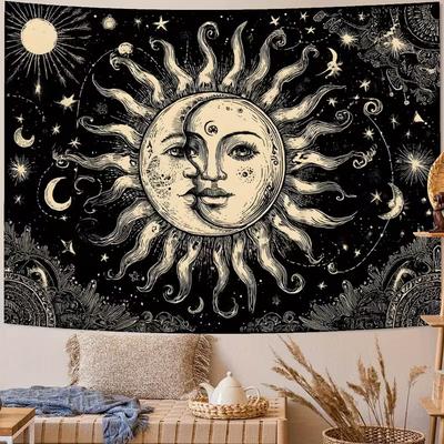2D Sonne und Mond Wandteppich Schwarz und Weiß Himmlische Wandbehang Dekoration
