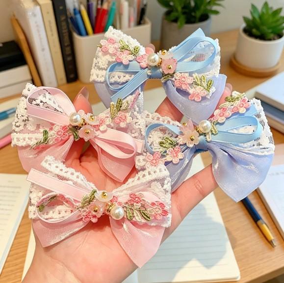 Simple Korean Pearl Lace Bow Hair Barrettes for Girls Kids Soft Lace Princess Daily School Party Children Hair Accessories for Her