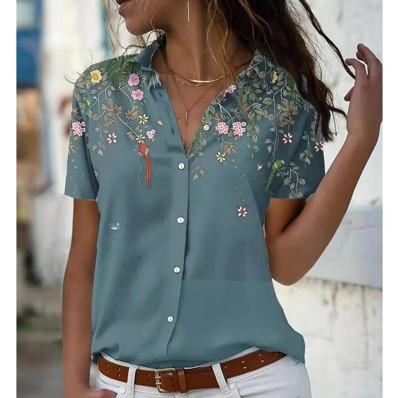 Women's Vintage Floral Print Lapel Blouse, Loose Elegant Short Sleeve Office Summer Shirt