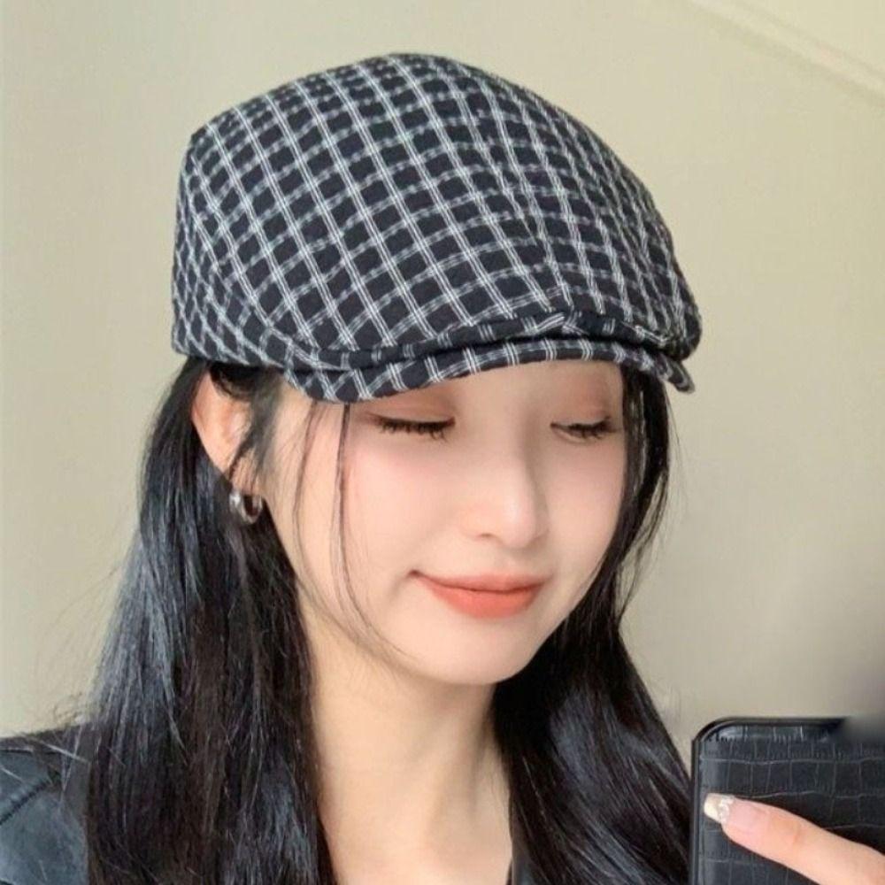 Korean Style Plaid Berets Forward Cap Painter Hat Retro Newsboy Caps  Student