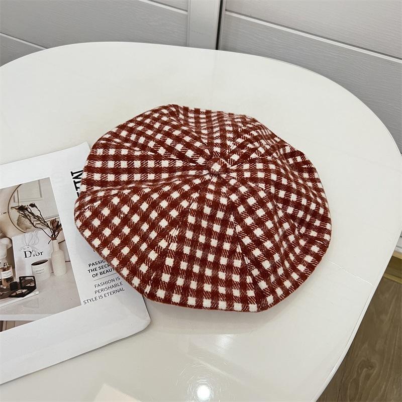 Pastoral Fine Checkerboard Woolen Octagonal Hat Lady Autumn and Winter Face Small Clouds Beret Painter Hat