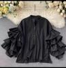 Stylish Shirt Women's Layered Ruffled Flared Sleeve Shirts Loose Stand-up Collar Tops