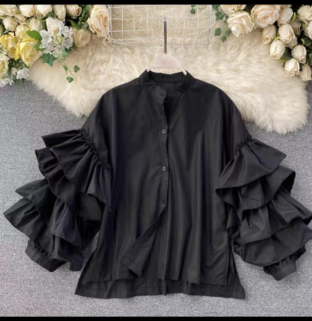 Stylish Shirt Women's Layered Ruffled Flared Sleeve Shirts Loose Stand-up Collar Tops