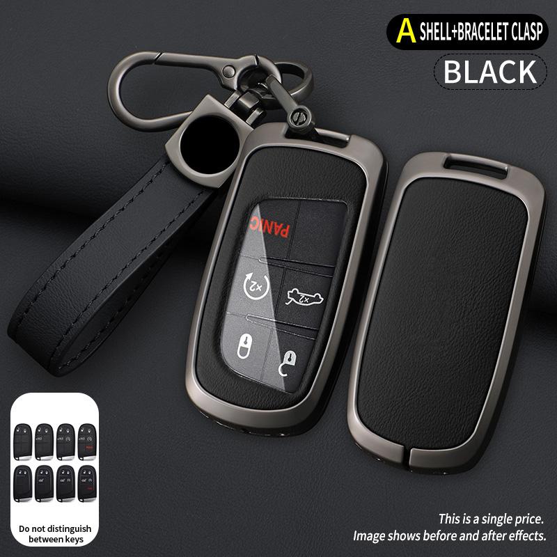 Zinklegering Leer Auto Sleutelhoesje Cover Voor Jeep Grand Cherokee Renegade Fiat Freemont Dodge Charger Challenger Durango Journey black