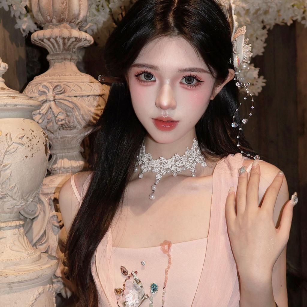 Pure Desire Wind White Lace Flower Tassel Necklace Vintage Court Wind Pearl Neck Strap Sweet Lolita Collarbone Chain