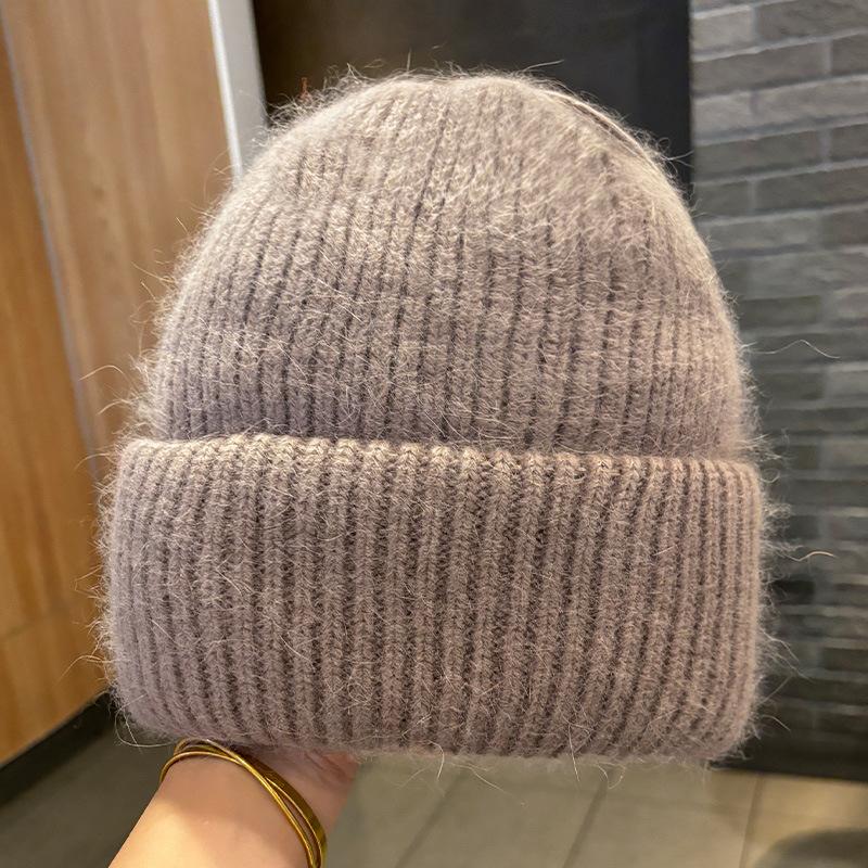 Winter angora rabbit fur warm solid color light board wool hat women's autumn and winter candy color vertical striped knitted hat