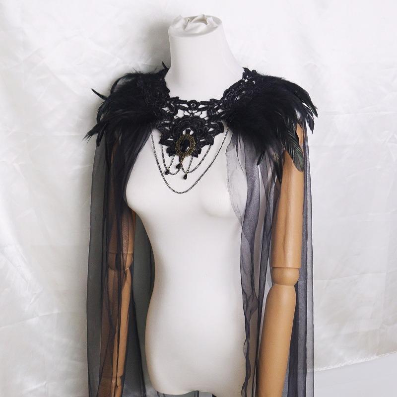 2026 New Fashion Halloween Soft Feather Cloak Black Fur Collar Hollow Lace Mesh Cape Festival Role Costume Cosplay Costumes