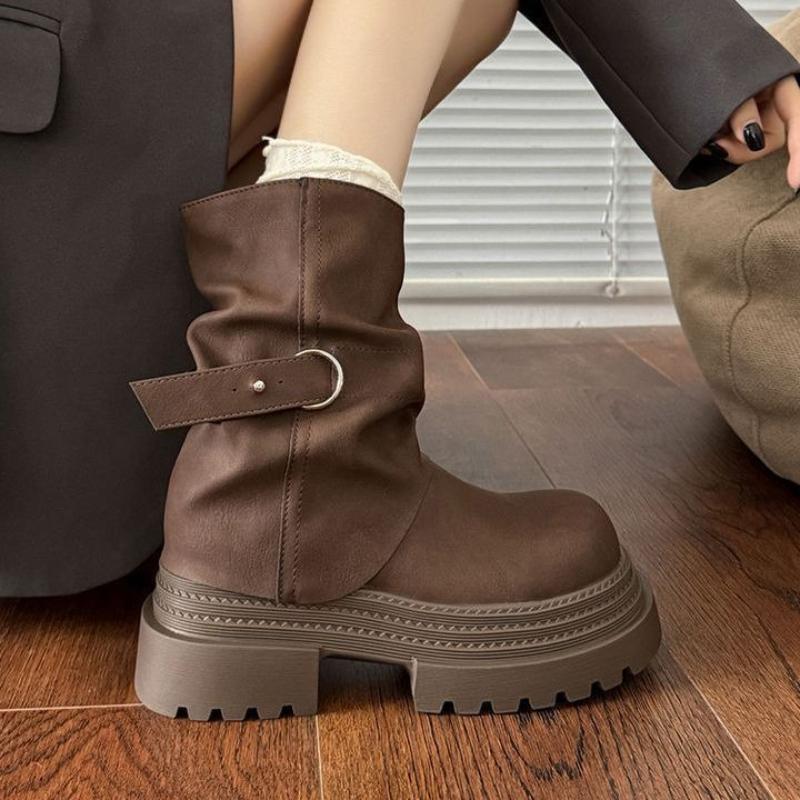 Womens Height Increasing Cowboy Boots Thick Soled Midsole Boots Simple Comfortable Ankle Boots Round Toe Thick Heel Womens Shoes