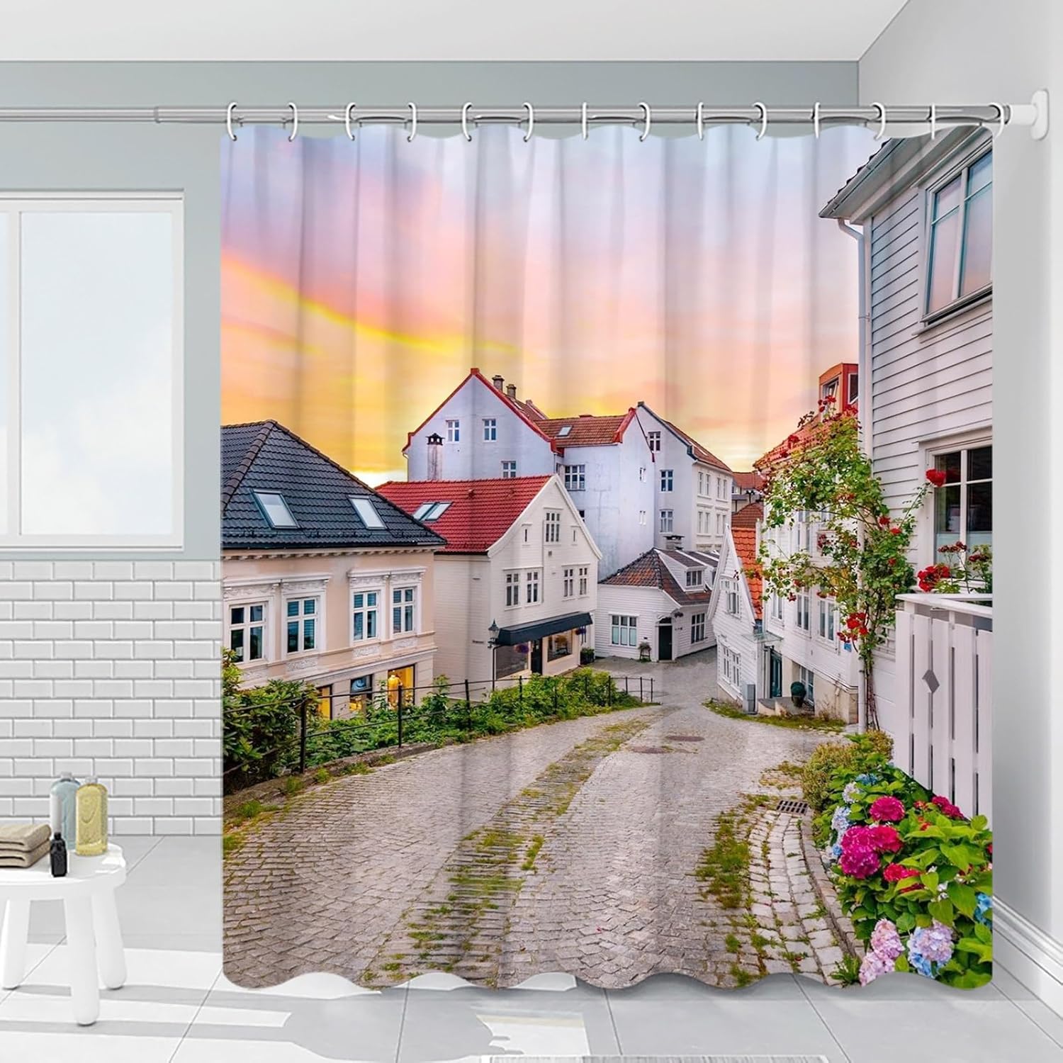 

Small Town Scenery Shower Curtain Street Evening Shade Vine Green Leaf Flower Plant Nature Scenery Sky Bathroom Decoration 90x180CM