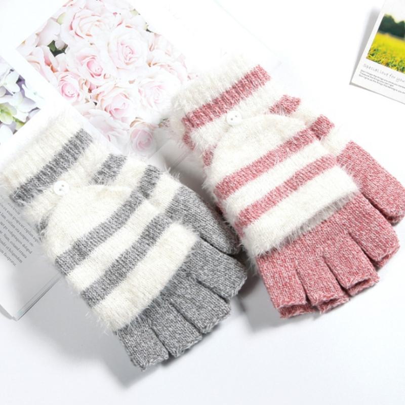 Soft Warm Gloves Winter Knitted Gloves Soft Cartoon Striped Fingerless Gloves with Flip Top Warm Glove Stretchy Mitten