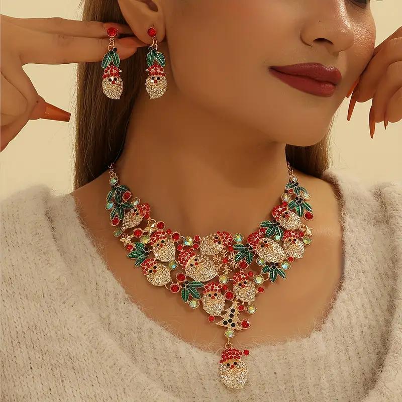 

3 шт./набор Элегантный Милый Рождественский Цирконовый Набор, Подвеска-Колье в виде Рождественского Венка Санты со Стразами + Серьги для Женщин Модные Цирконовые Подарки 50cm