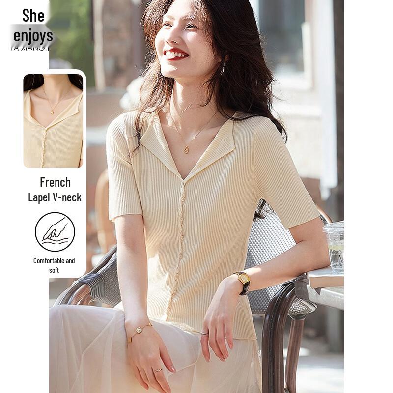 Women s V-Neck Knitted Short-Sleeve T-Shirt M