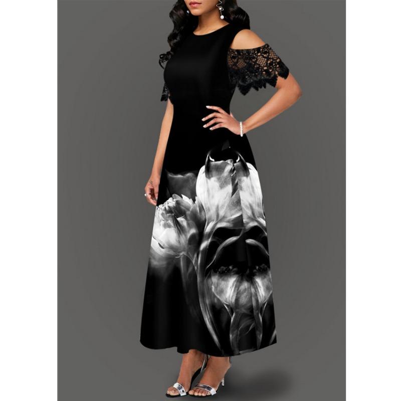 TIFICY Women s Fashion Summer Spring Flower Pattern Print Short Sleeve O-Neck Casual Dresses S
