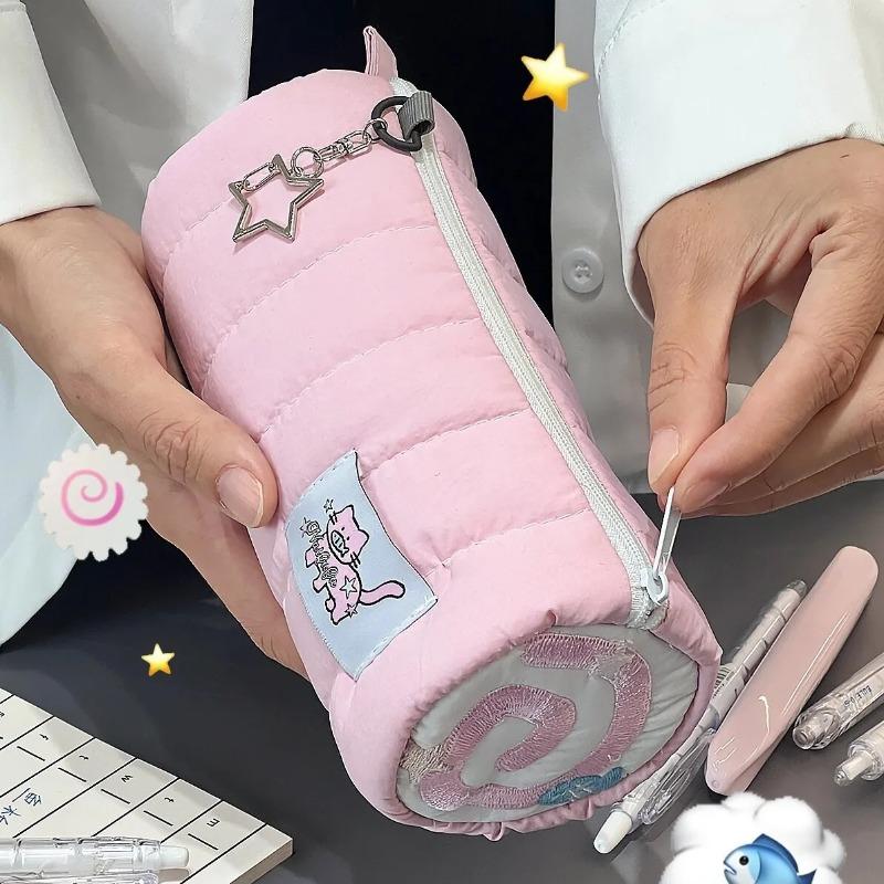 Student Stationery School Supplies Pink Towel Roll Pencil Case Kawaii Soft Pen Storage Bag Cosmetic Pouch Cartoon Large Capacity