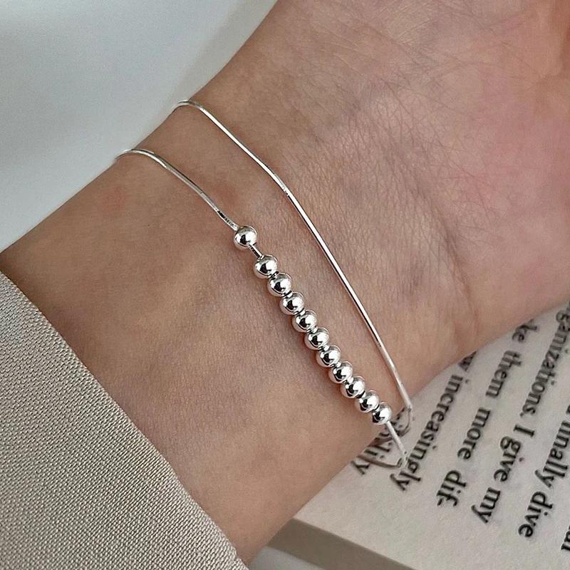 

Real 925 Silver Double Layered Chain Bead Charm Bracelets for Women Classic Fine Jewelry Geometric Accessories