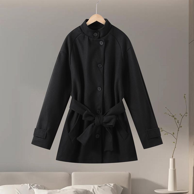 

Пальто женское средней длины с воротником-стойкой, однобортное, на шнуровке, теплое, для通勤, в ретро-стиле, черное, верхняя одежда, осень/зима 2025 S чёрный