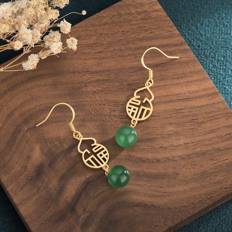 Creative National Tide Style Fu Lu Gold-Plated Stud Earrings with Chalcedony Jasper Gourd for Women