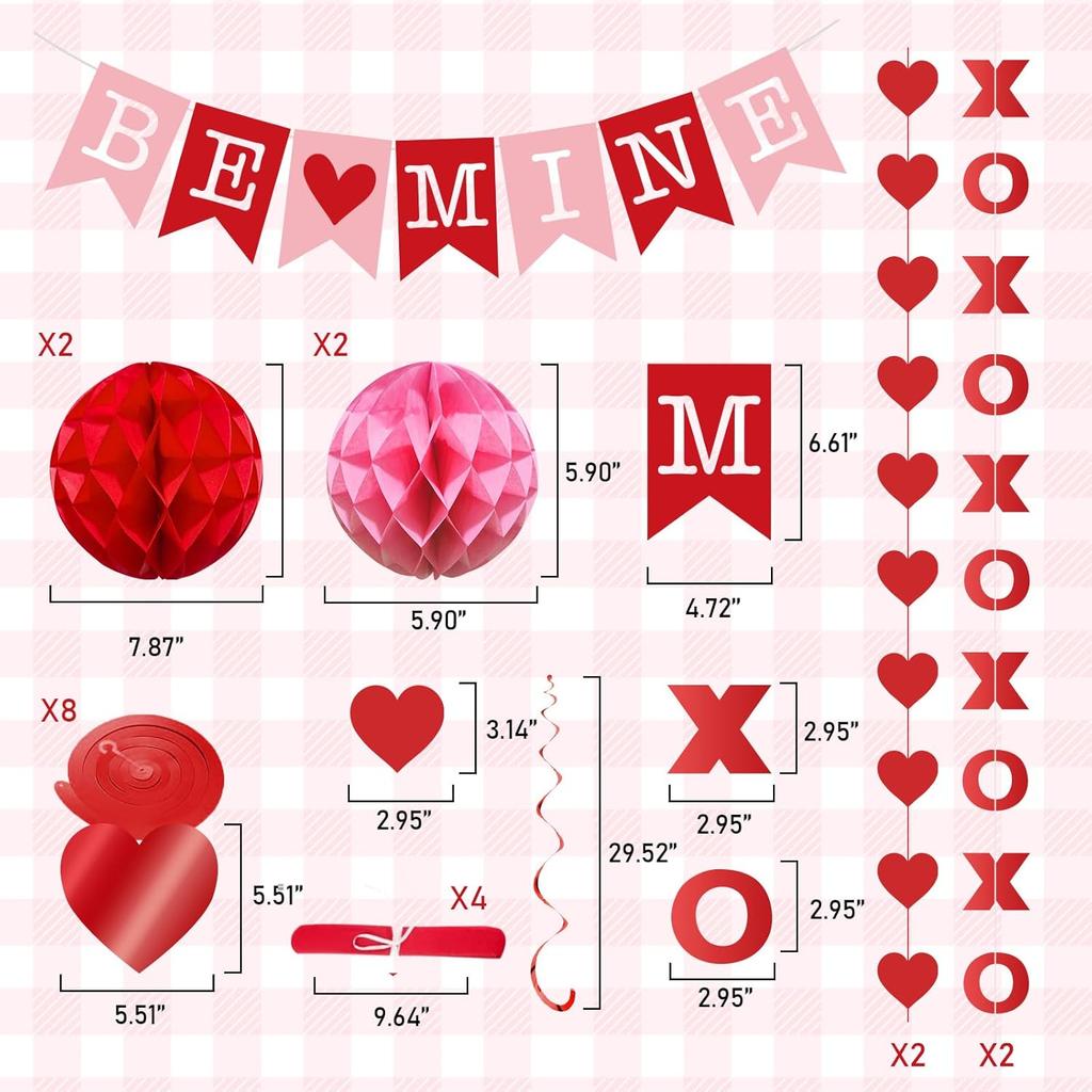 21Pcs Valentine's Day Decorations Set - Pre-Assembled BE MINE Banner with Heart Swirls & XOXO Garlands, Romantic Party Decor for Engagement Wedding