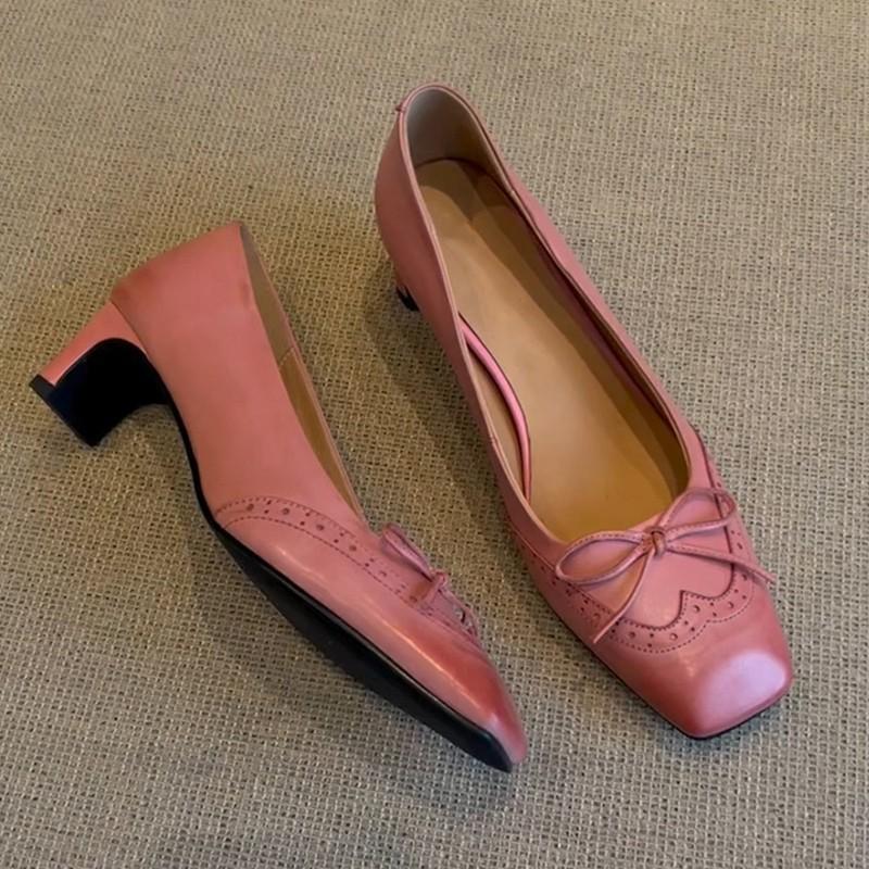 Pink single shoes women's gentle wind bow light mouth one pedal with skirt thick heel high heels