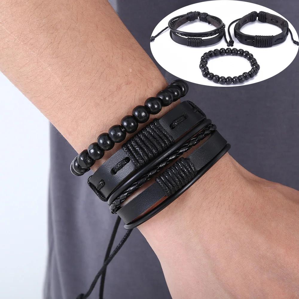 3-4Pcs Vintage Leather Bracelet Set For Men Tree of Life Charm Black Woven Rope Beads Chain Wrap Bangle Women Handmade Jewelry