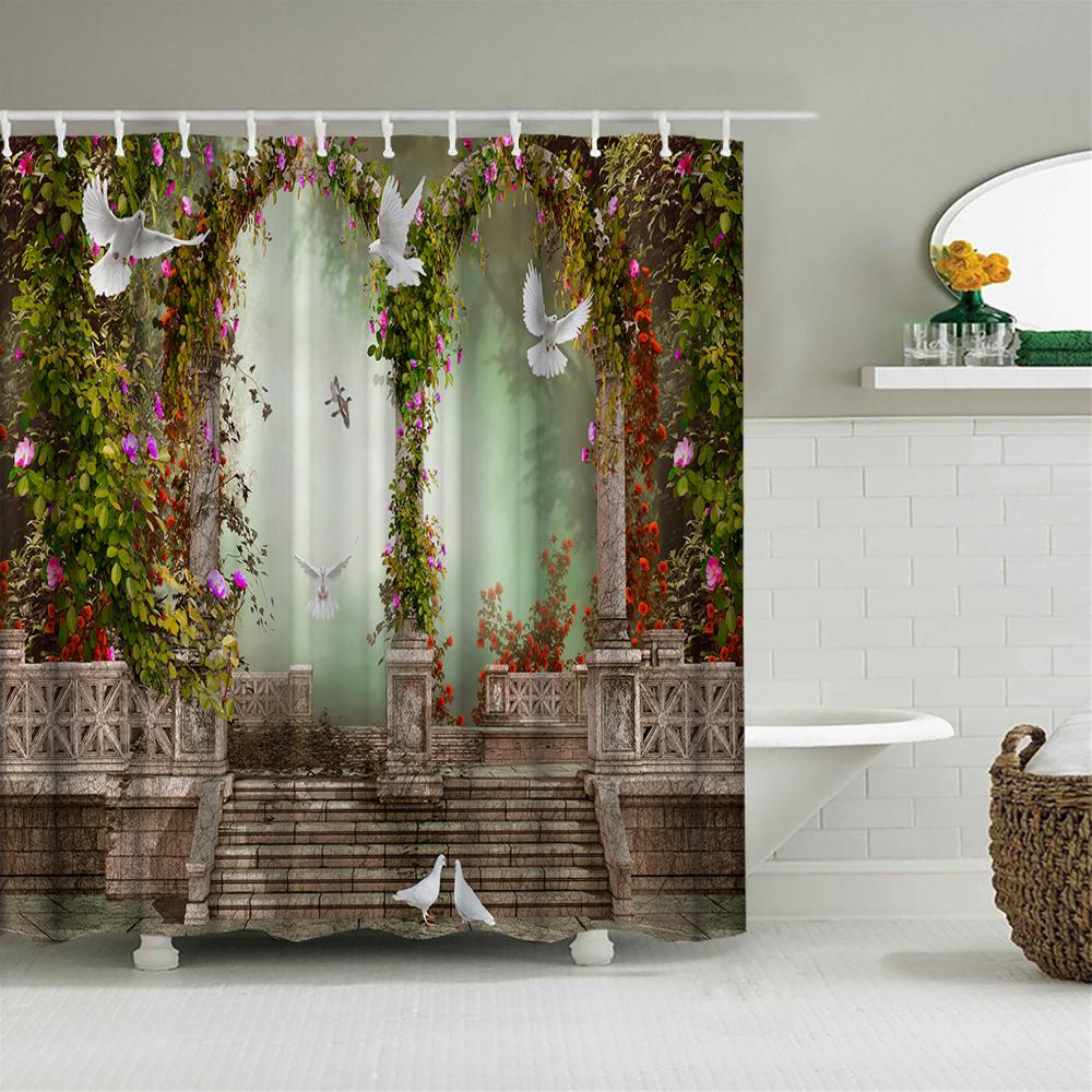 Vattentät Duschdraperi med Blommor Gräs Växt Stenmur för Badrum Badgardiner Extra Lång 180*200 CM 3d Duschdraperi