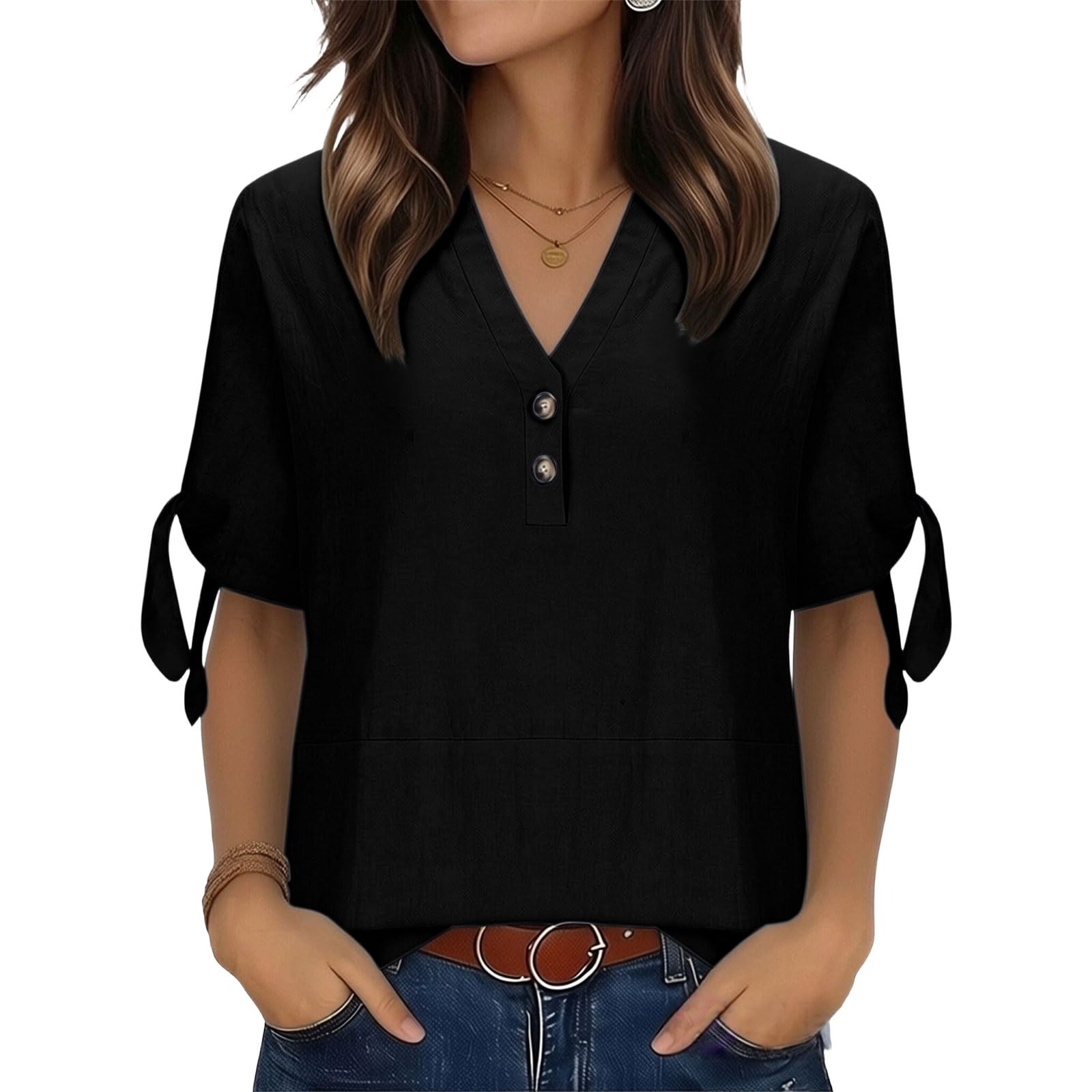 

Women s Fashion Color V-Neck Buttoned Short Sleeve Knot Loose T-Shirt Top L