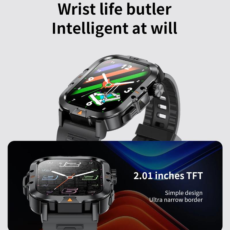 2025 Nieuwe 2.01-inch HD Scherm Heren Smartwatch met Zaklamp Buitensporten Heren Horloge IP68 Waterdicht Gezondheidsmonitor Oproep Smartwatch