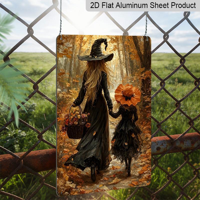 2D Flat Autumn Forest Mother and Little Witch Holding Hands Vintage Metal Sign‑8.0x12.0inch Aluminum Wall Art, Fall Halloween Farmhouse Porch Decor