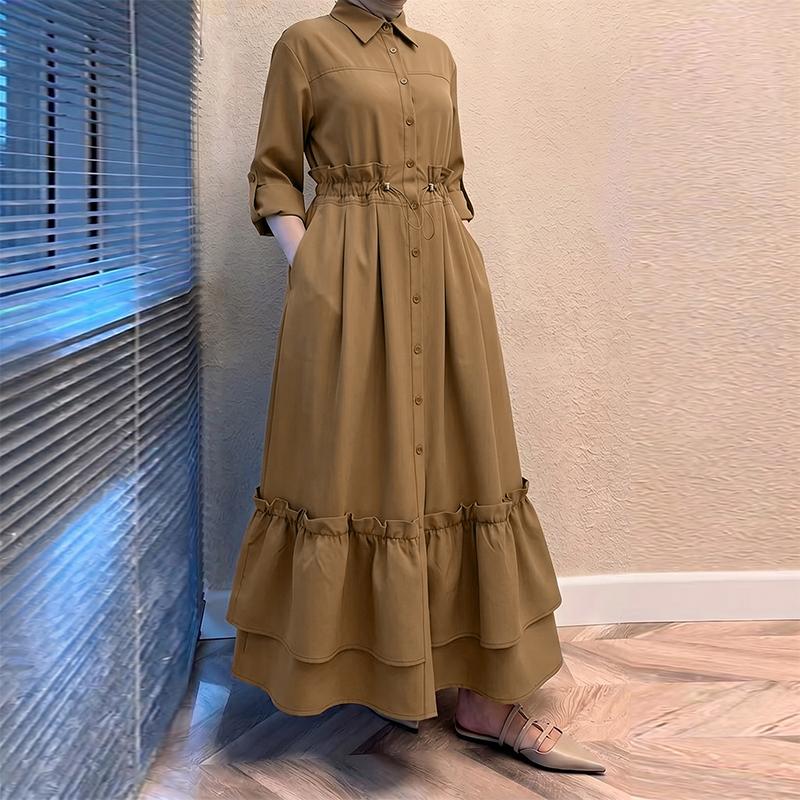 ZANZEA Women Casual Turn Down Collar Loose Long Sleeve Button Long Dress