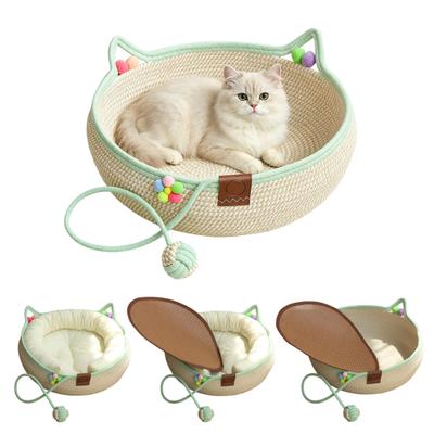 Decorative Pet Sleeping Basket Handwoven Cotton Rope Cat Bed, Scratchable Indoor Basket, Hand Woven Bed for Small Pets Breathable Round