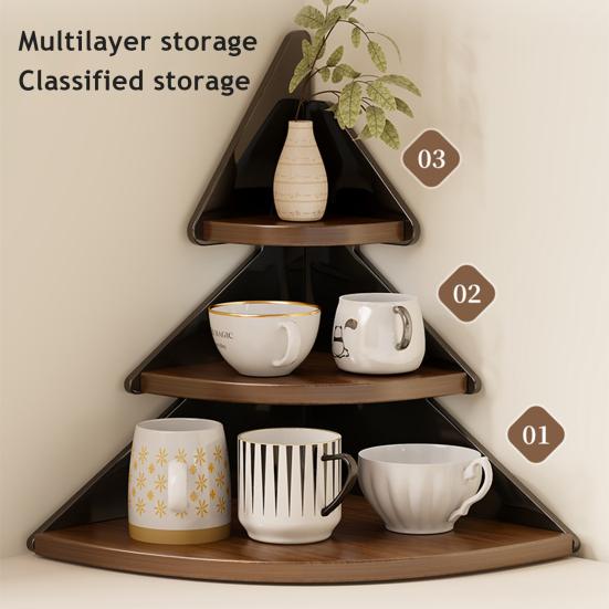 Corner Cup Holder Shelf 3-Tier Wood Kitchen Organizer for Mugs Coffee Cups Space-Saving Desktop Storage Rack for Countertop