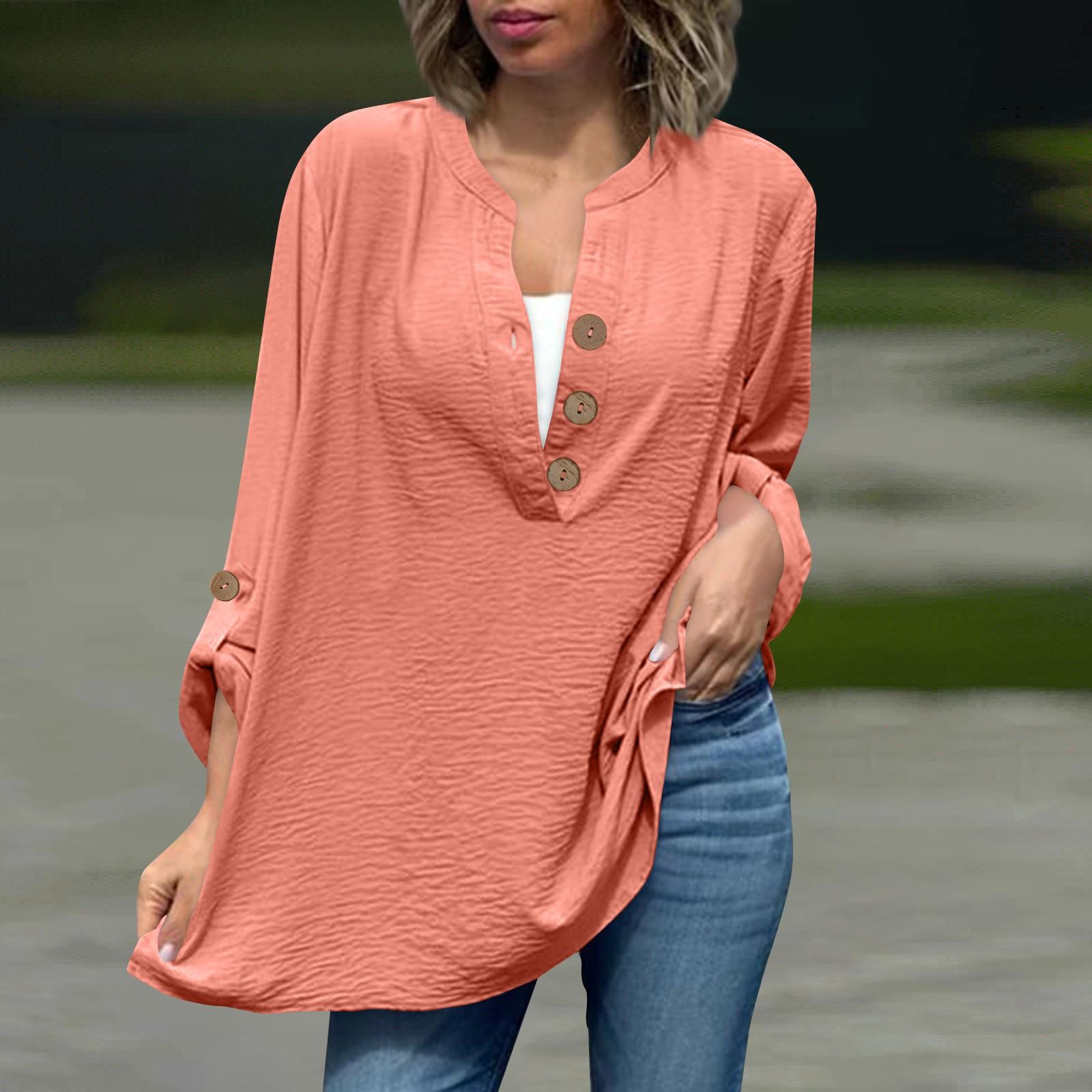 

Women s Shirt Collar Long Sleeved Button Loose And Comfortable Top M рожевий