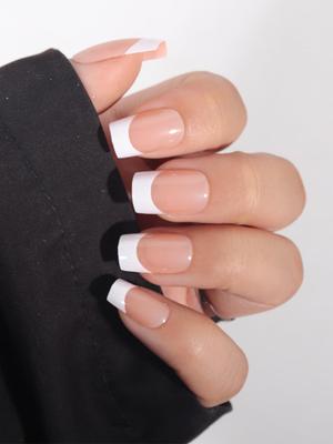 Vies Secrètes Brillant Réutilisable Artificiel Translucide Couleur Pêche avec Pointes Blanches Designer Français Luxe Faux Faux à Presser Ongles 24 pièces Ensemble avec