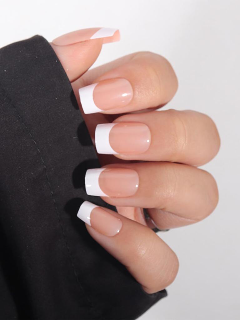 Secret Lives Glossy Reusable Artificial Translucent Peach Color with White Tips French Designer Luxury Fake False Press On Nails 24 Pieces Set with