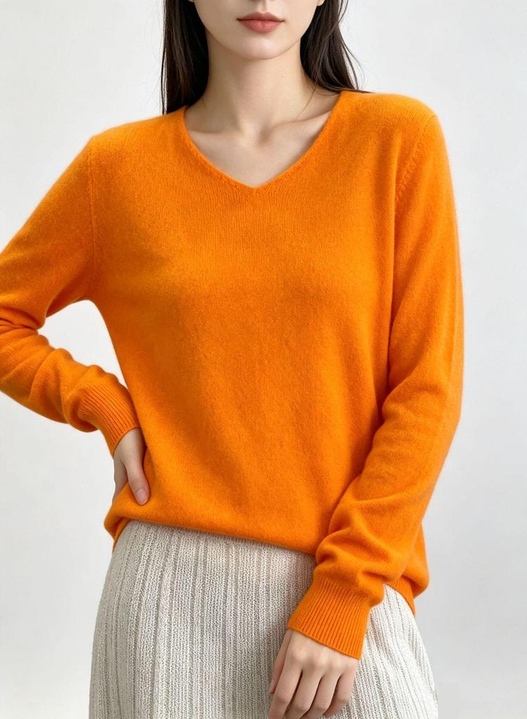Women's 100% Pure Wool V-Neck Loose Knit Sweater - Solid Color Autumn/Winter Basic Layer