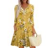 Women's Fashionable V-Neck Button Seven Part Cuff Pocket Floral Dress