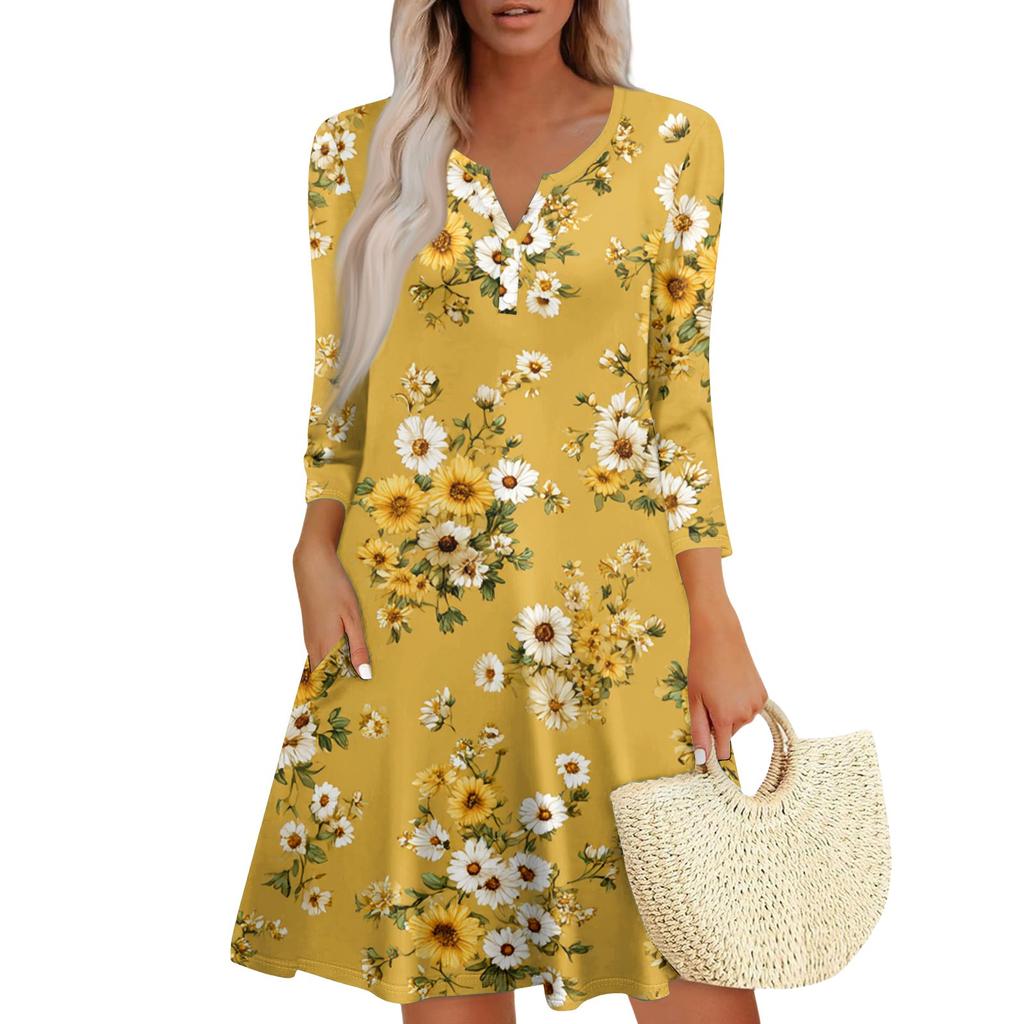 Women's Fashionable V-Neck Button Seven Part Cuff Pocket Floral Dress