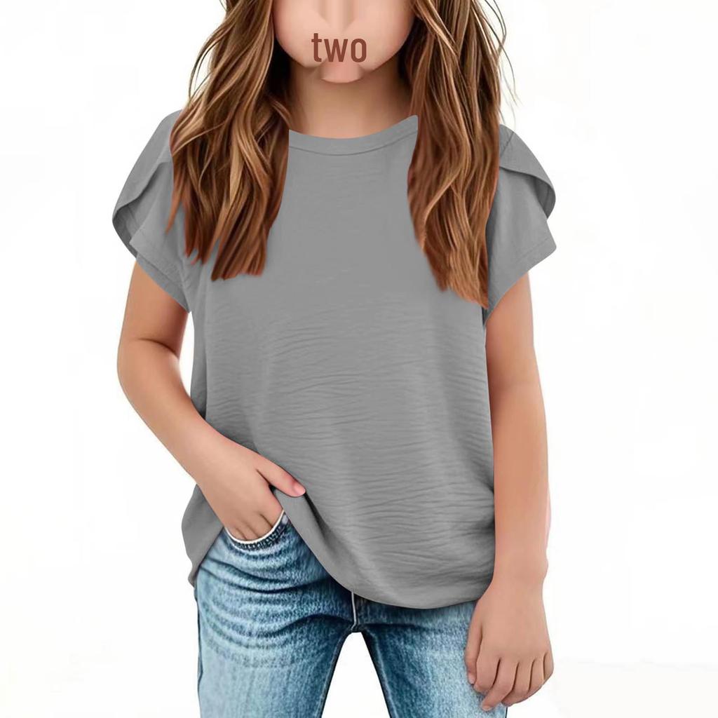 Girls' Cotton Linen Casual Short-Sleeve Top, Solid Color, Round Neck - 2025 Summer Collection
