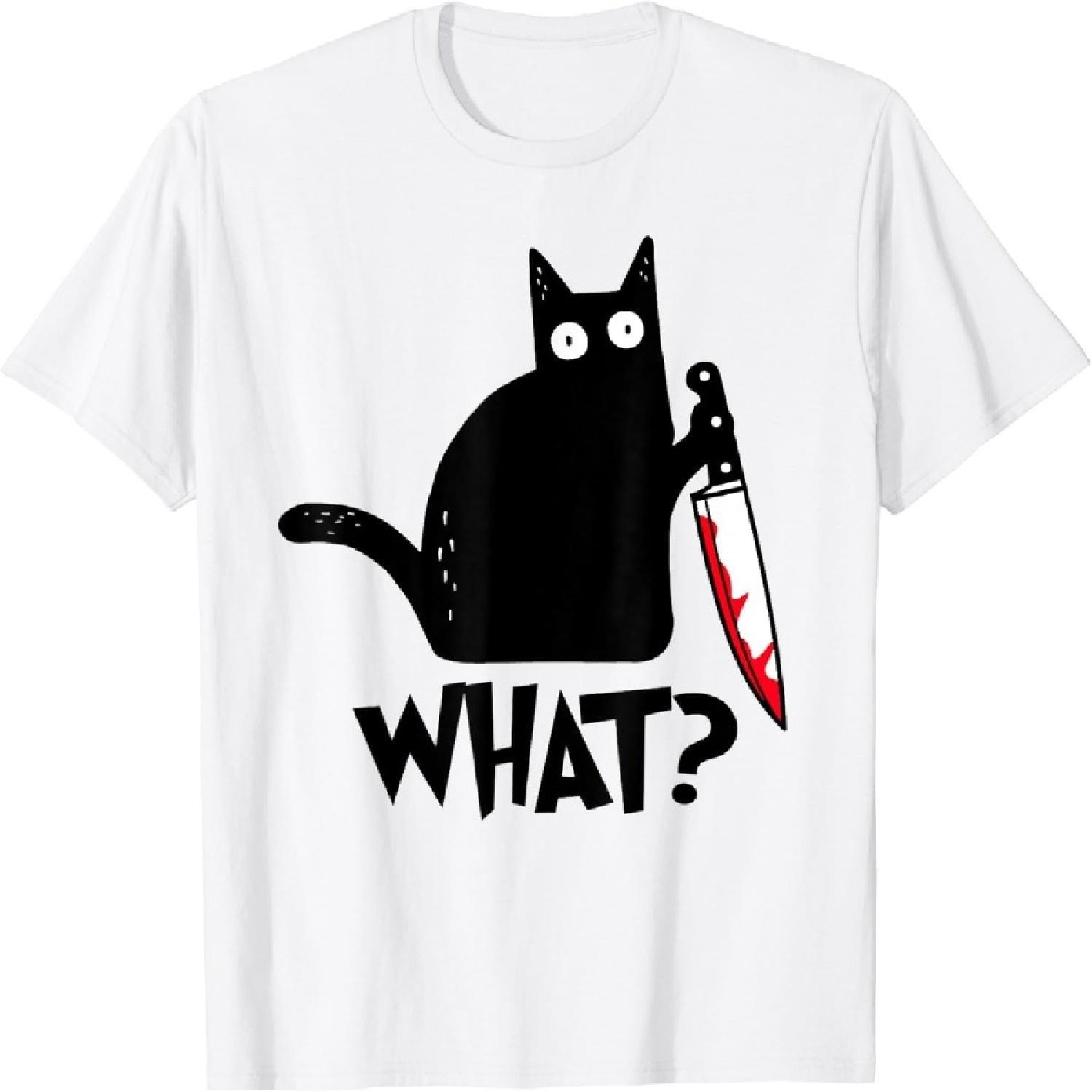 Figured Cat What_ Funny Black Cat Shirt, Murderous Cat with Knife T-Shirt Funny Graphic Tshirt Novelty Tee XXXXXL белый