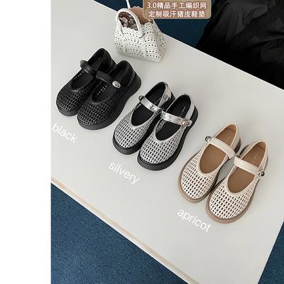Summer Shoes 2025 Summer New Round Head Thick Sole 5.5cm Woven Mesh Breathable Mary Jane Shoes Heightening Single Shoes