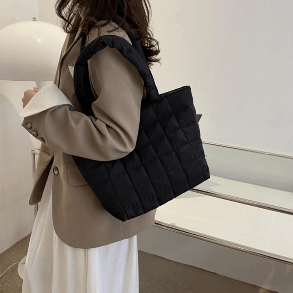 Solid Color Fashion Tote Bag Korean Style Quilted Handbag Cotton-padded Tote Bag  Daily Commute